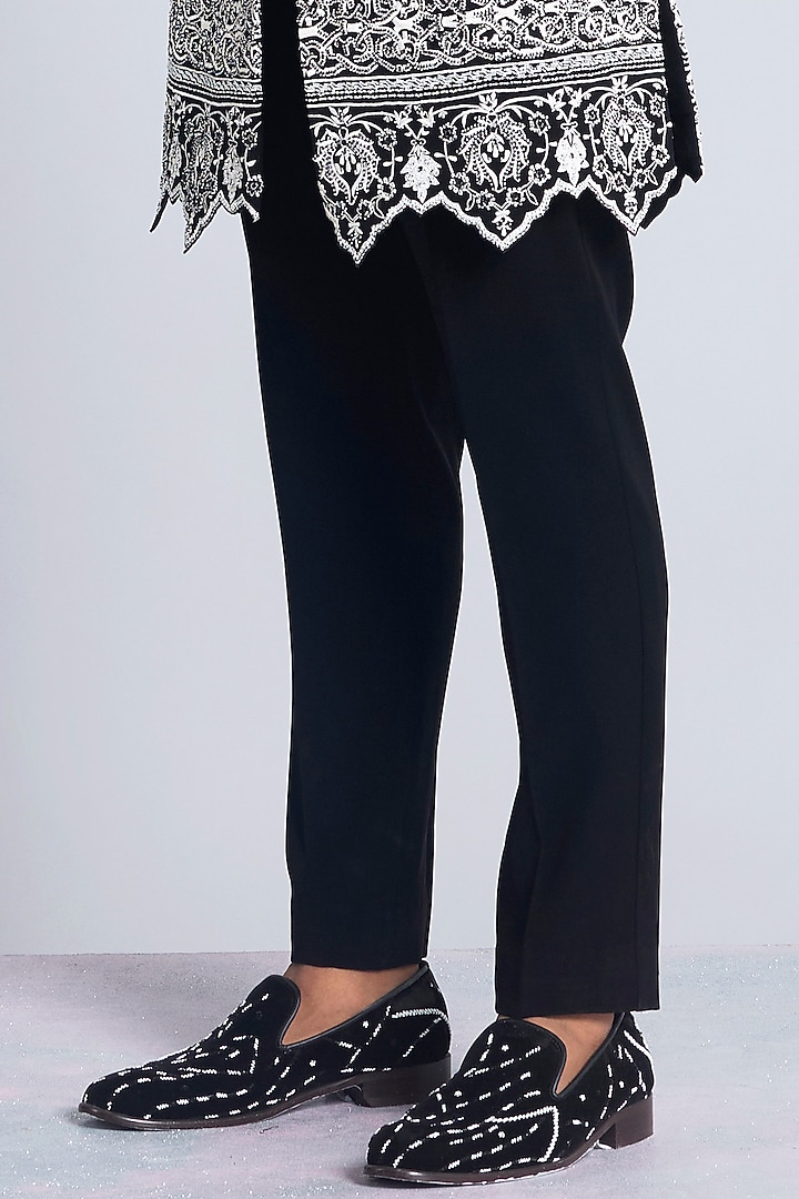 Black Sandwash Applique Work Groom Indowestern Set by Sarab Khanijou at Pernia's Pop Up Shop