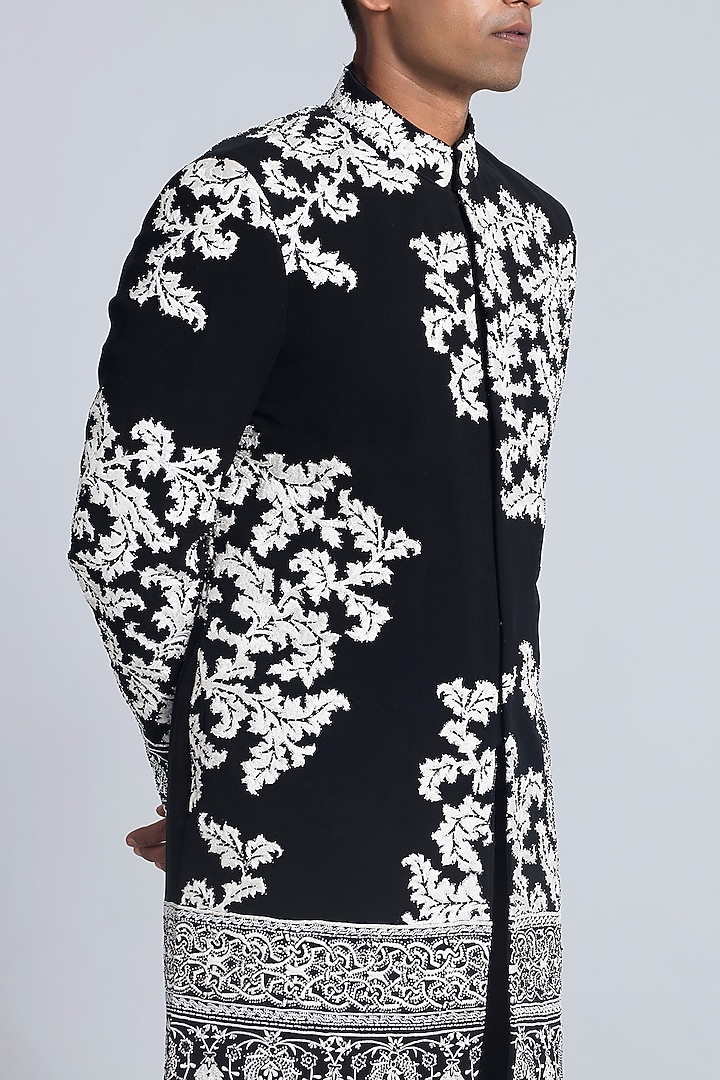 Black Sandwash Applique Work Groom Indowestern Set by Sarab Khanijou at Pernia's Pop Up Shop