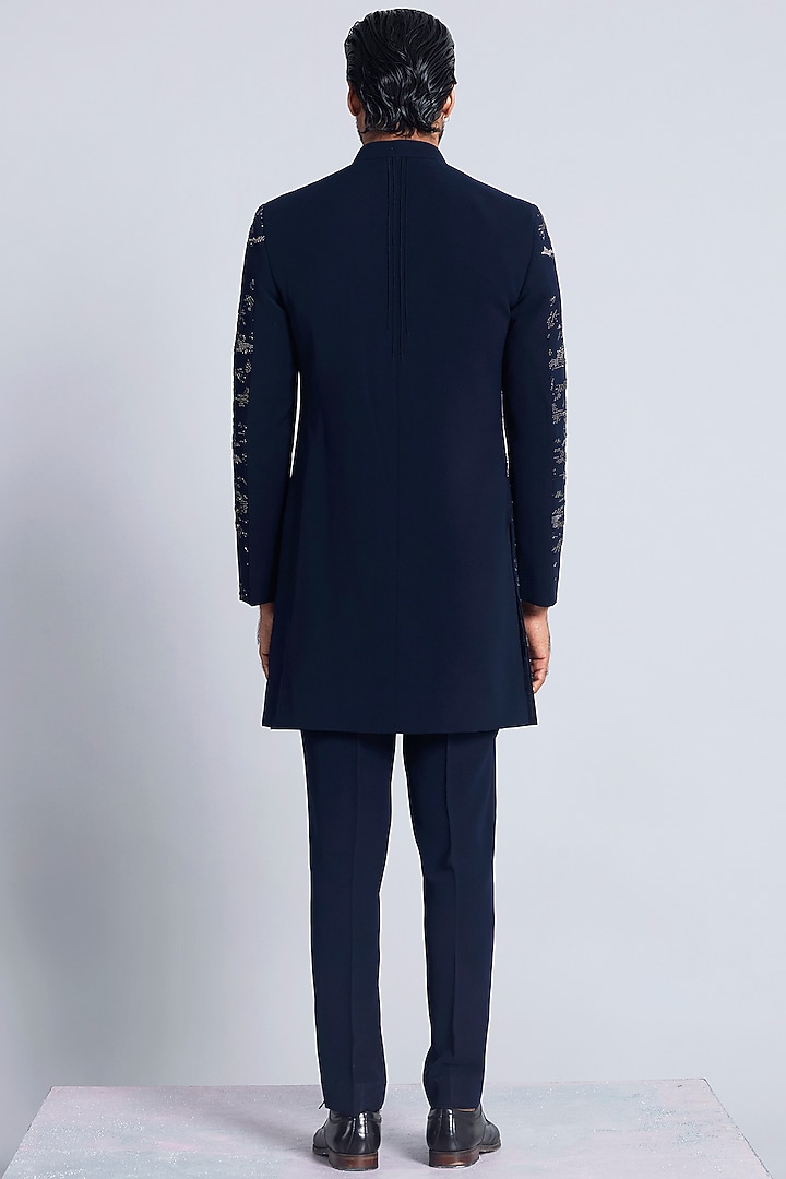 Navy Blue Sandwash Embroidered Groom Indowestern Set by Sarab Khanijou at Pernia's Pop Up Shop
