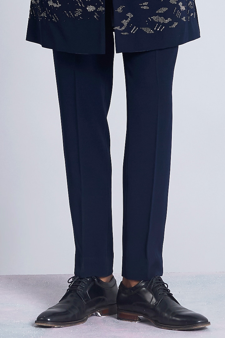 Navy Blue Sandwash Embroidered Groom Indowestern Set by Sarab Khanijou at Pernia's Pop Up Shop
