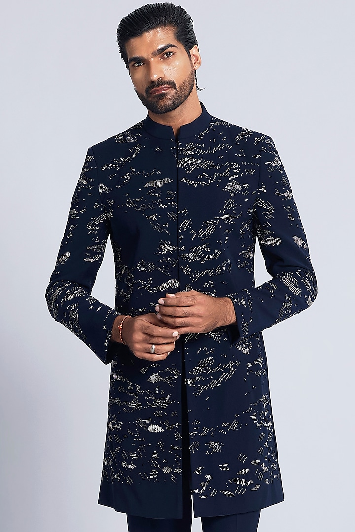 Navy Blue Sandwash Embroidered Groom Indowestern Set by Sarab Khanijou at Pernia's Pop Up Shop