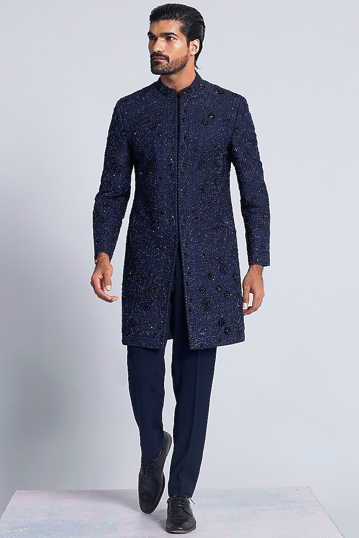 Navy Blue Raw Silk Indowestern Set by Sarab Khanijou