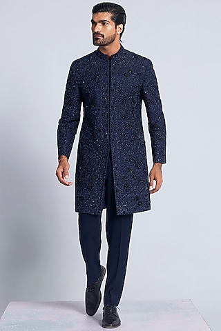 Navy Blue Raw Silk Indowestern Set by Sarab Khanijou