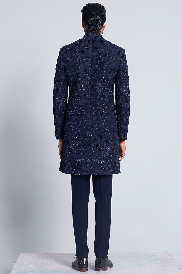 Navy Blue Raw Silk Groom Indowestern Set by Sarab Khanijou at Pernia's Pop Up Shop