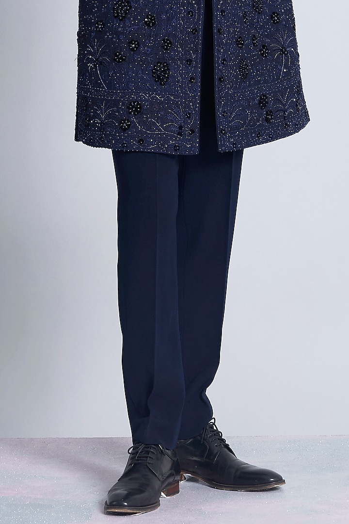 Navy Blue Raw Silk Groom Indowestern Set by Sarab Khanijou at Pernia's Pop Up Shop