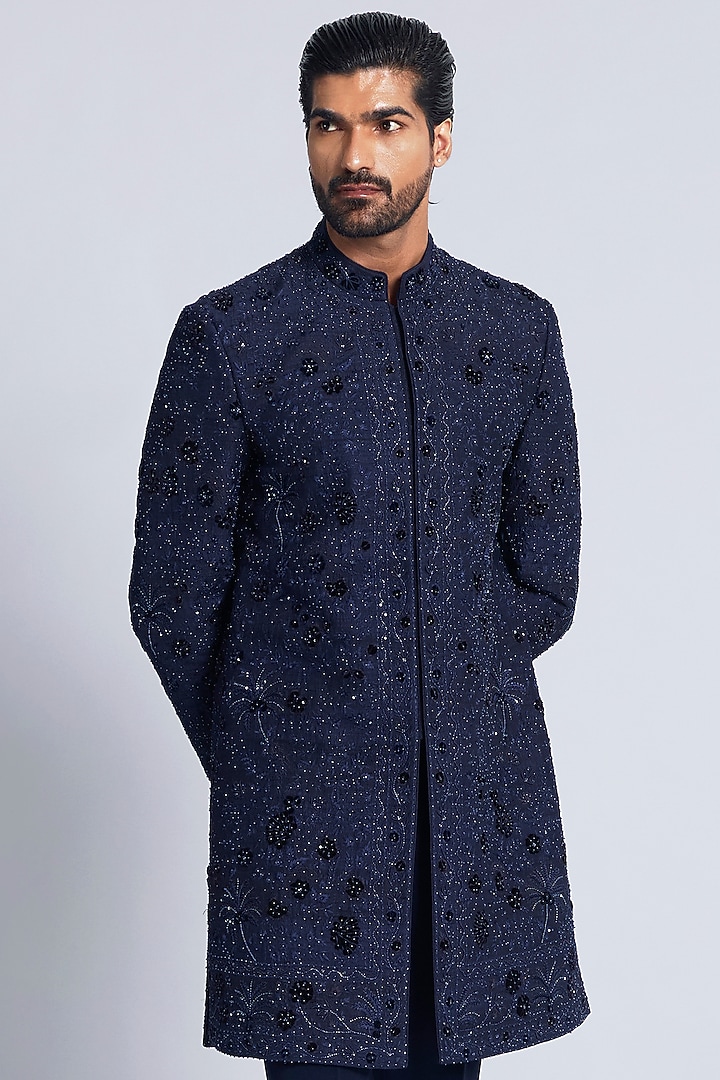 Navy Blue Raw Silk Groom Indowestern Set by Sarab Khanijou at Pernia's Pop Up Shop