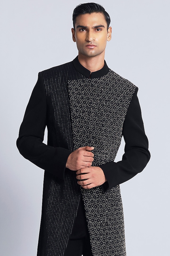 Black Sandwash Embroidered Groom Indowestern Set by Sarab Khanijou at Pernia's Pop Up Shop