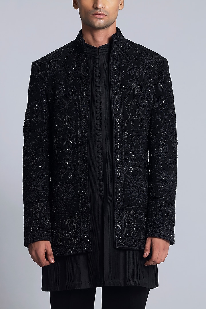 Black Sandwash Embroidered Groom Bandhgala Set by Sarab Khanijou at Pernia's Pop Up Shop