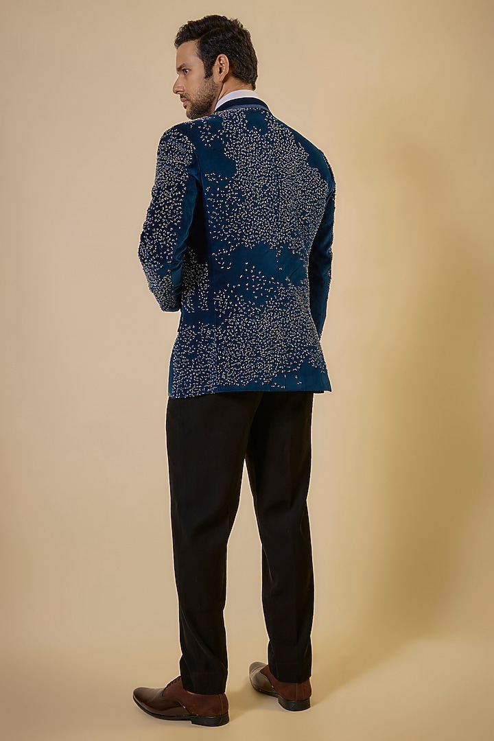 Teal Blue Sandwash Embroidered Tuxedo Set by Sarab Khanijou at Pernia's Pop Up Shop