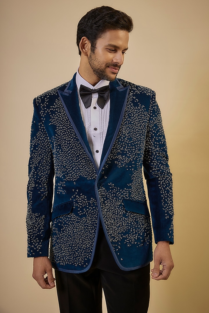 Teal Blue Sandwash Embroidered Tuxedo Set by Sarab Khanijou at Pernia's Pop Up Shop