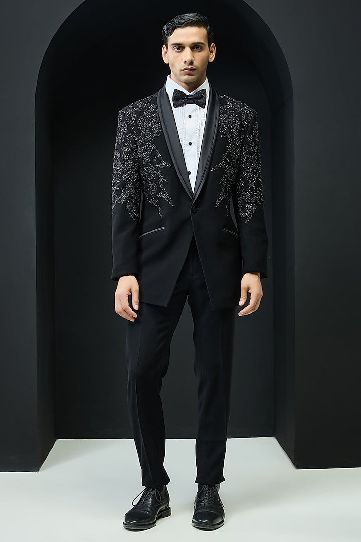 Black Sandwash Cutdana Embroidered Tuxedo Set by Sarab Khanijou at Pernia's Pop Up Shop