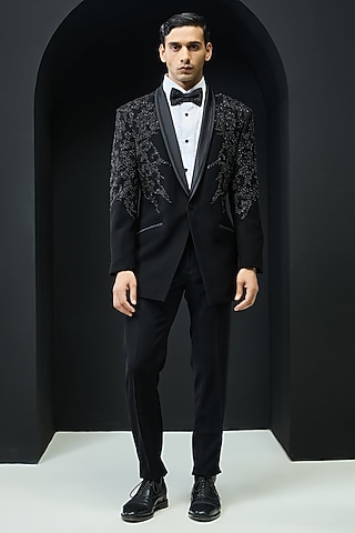 Black Sandwash Cutdana Embroidered Tuxedo Set by Sarab Khanijou