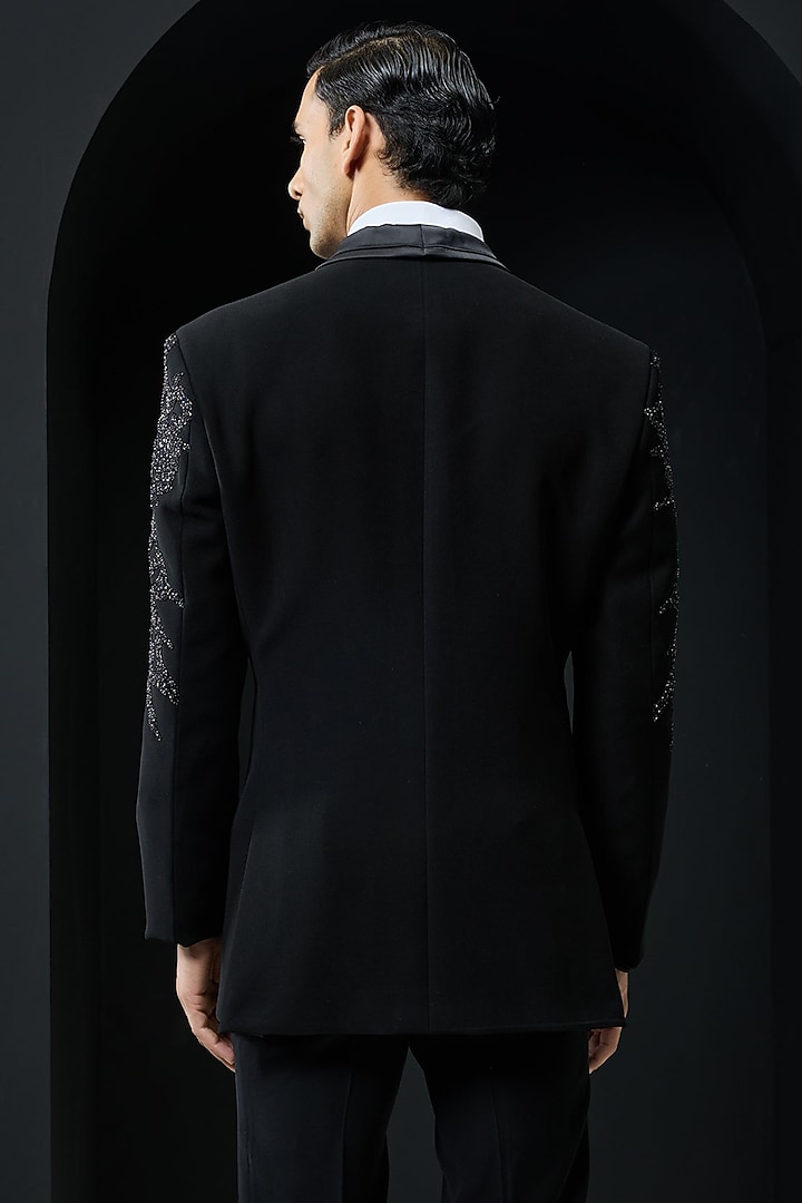 Black Sandwash Cutdana Embroidered Tuxedo Set by Sarab Khanijou at Pernia's Pop Up Shop