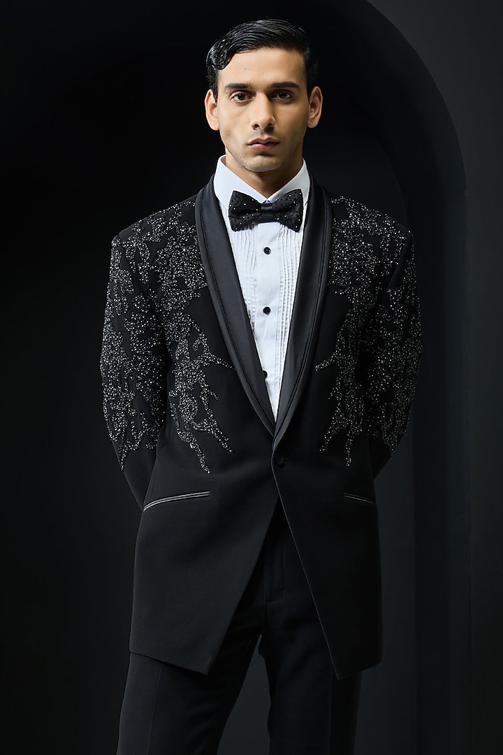 Black Sandwash Cutdana Embroidered Tuxedo Set by Sarab Khanijou at Pernia's Pop Up Shop