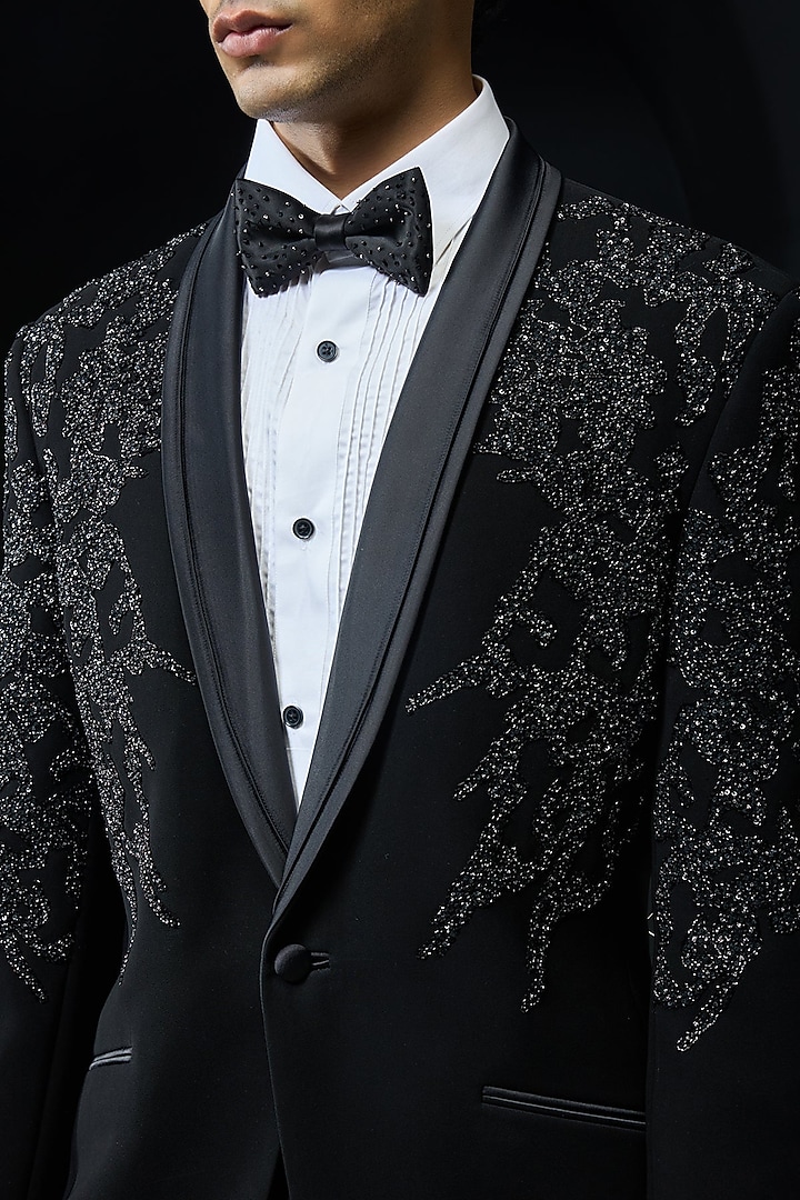 Black Sandwash Cutdana Embroidered Tuxedo Set by Sarab Khanijou at Pernia's Pop Up Shop