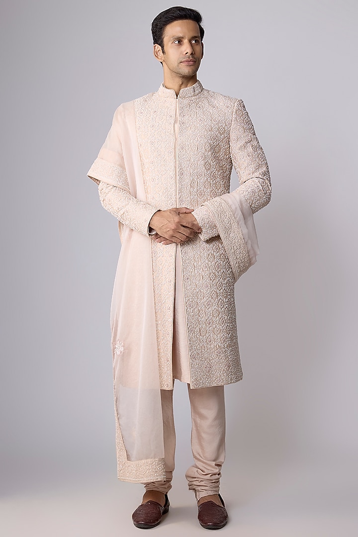 Dusty Rose Silk Groom Sherwani Set by Sarab Khanijou at Pernia's Pop Up Shop