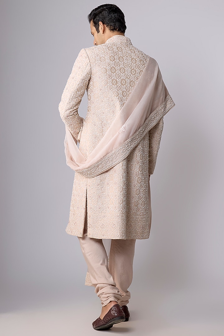 Dusty Rose Silk Groom Sherwani Set by Sarab Khanijou at Pernia's Pop Up Shop