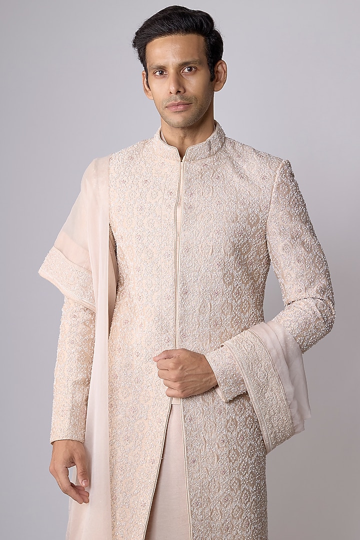 Dusty Rose Silk Groom Sherwani Set by Sarab Khanijou at Pernia's Pop Up Shop