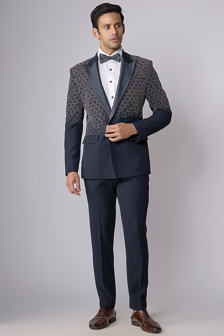 Navy Blue Suiting Tuxedo Set by Sarab Khanijou at Pernia's Pop Up Shop