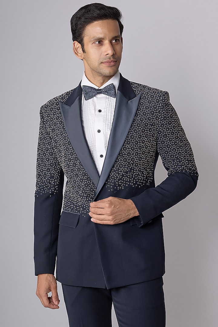 Navy Blue Suiting Tuxedo Set by Sarab Khanijou at Pernia's Pop Up Shop