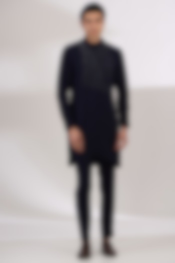 Navy Sandwash Cutdana Embroidered Pintuck Kurta Set by Sarab Khanijou at Pernia's Pop Up Shop