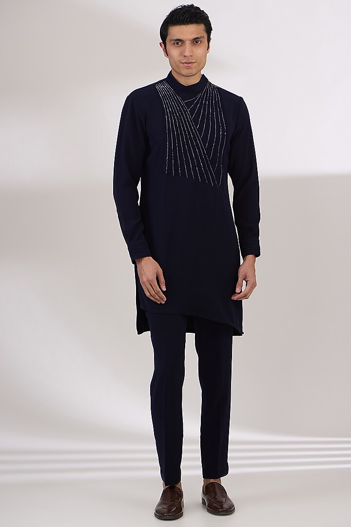 Navy Sandwash Cutdana Embroidered Pintuck Kurta Set by Sarab Khanijou at Pernia's Pop Up Shop