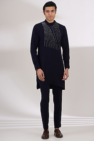 Navy Sandwash Cutdana Embroidered Pintuck Kurta Set by Sarab Khanijou