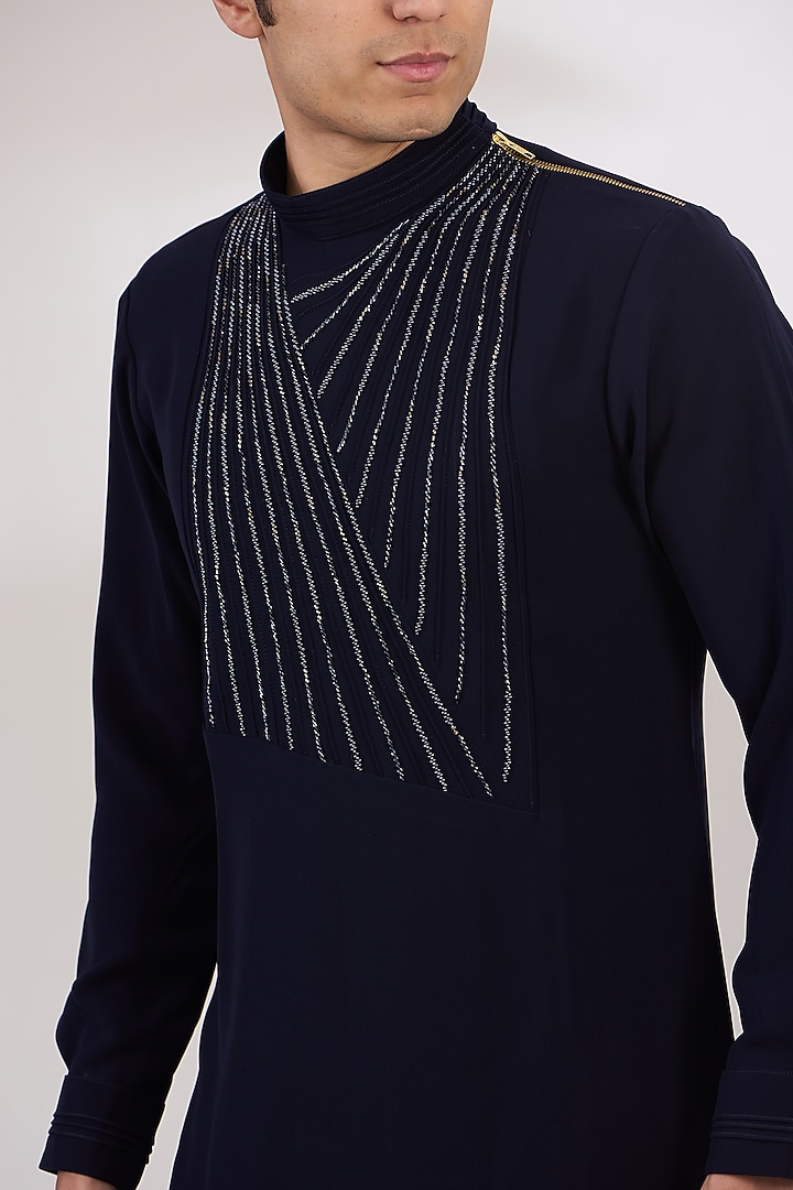 Navy Sandwash Cutdana Embroidered Pintuck Kurta Set by Sarab Khanijou at Pernia's Pop Up Shop