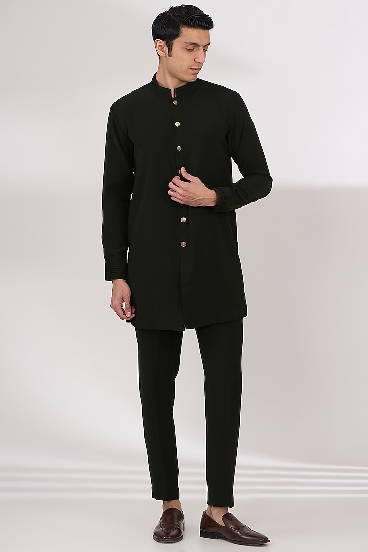 Bottle Green Sandwash Pintuck Front-Open Kurta Set by Sarab Khanijou at Pernia's Pop Up Shop