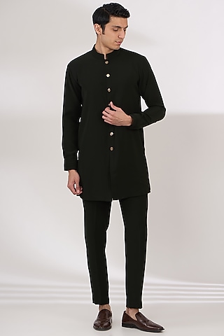 Bottle Green Sandwash Pintuck Front-Open Kurta Set by Sarab Khanijou