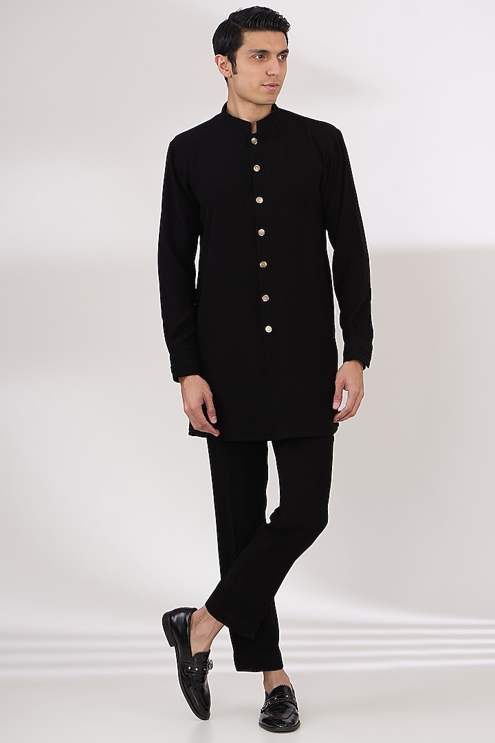 Black Sandwash Pintuck Front-Open Kurta Set by Sarab Khanijou