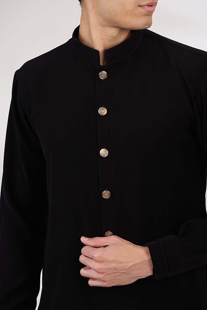 Black Sandwash Pintuck Front-Open Kurta Set by Sarab Khanijou at Pernia's Pop Up Shop