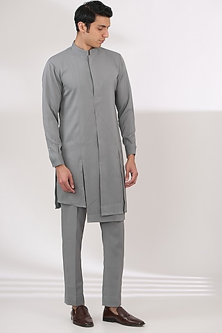 Grey Moss Pintuck Kurta Set by Sarab Khanijou