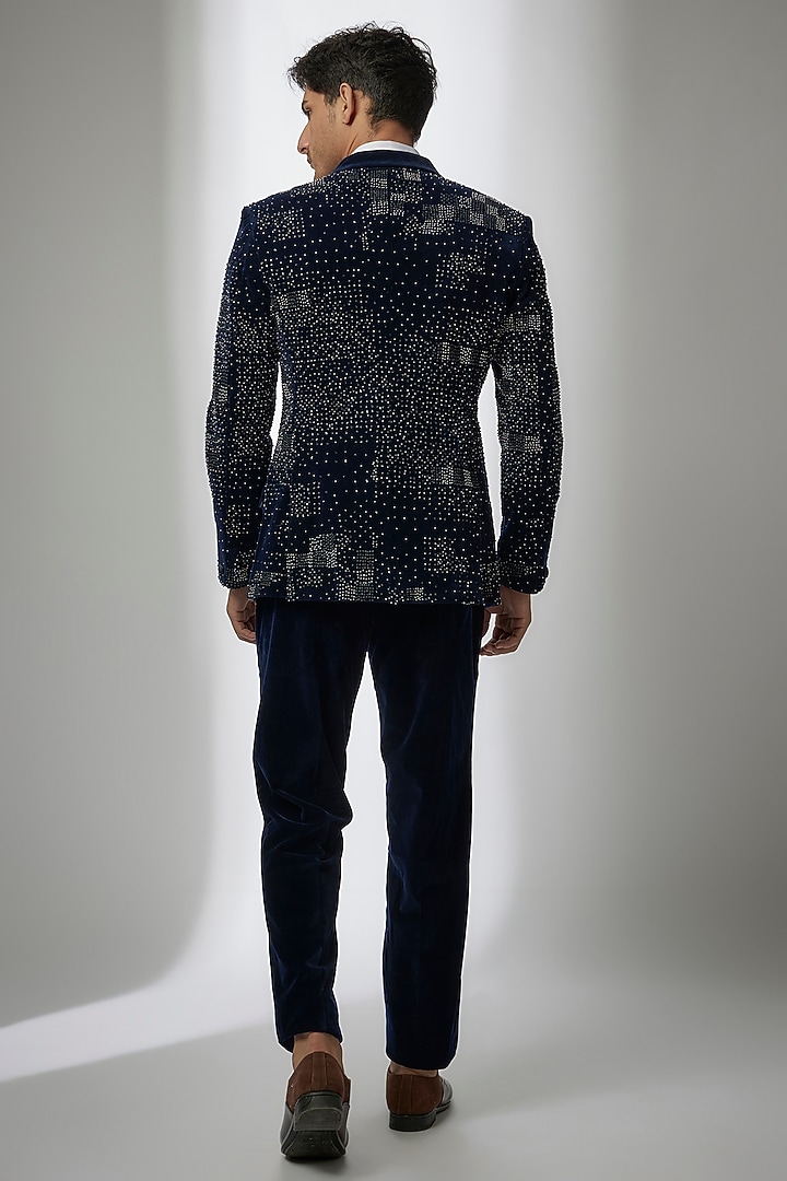 Navy Blue Velvet Pearl Embroidered Tuxedo Set by Sarab Khanijou at Pernia's Pop Up Shop