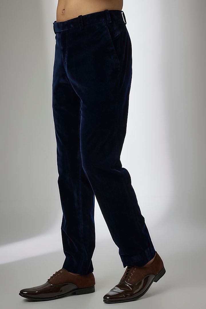 Navy Blue Velvet Pearl Embroidered Tuxedo Set by Sarab Khanijou at Pernia's Pop Up Shop