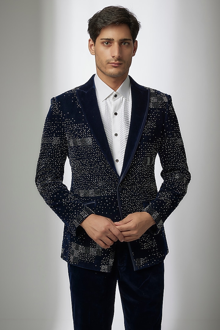 Navy Blue Velvet Pearl Embroidered Tuxedo Set by Sarab Khanijou at Pernia's Pop Up Shop