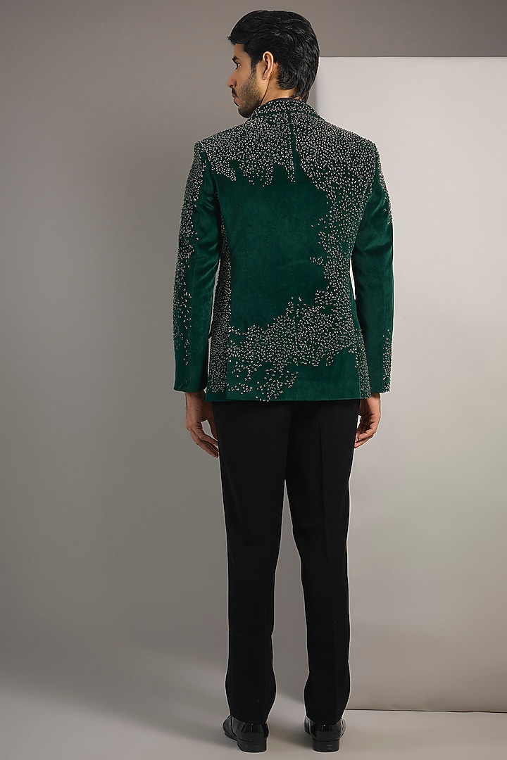 Bottle Green & Black Sandwash Pearl Work Tuxedo Set by Sarab Khanijou at Pernia's Pop Up Shop