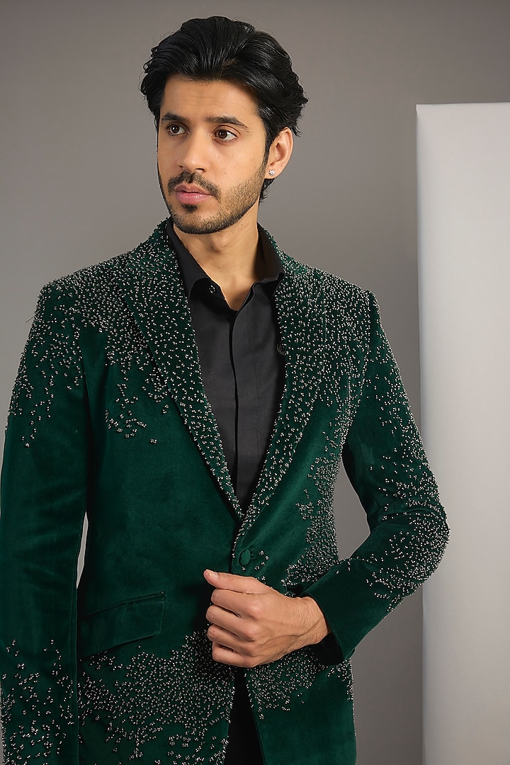 Bottle Green & Black Sandwash Pearl Work Tuxedo Set by Sarab Khanijou at Pernia's Pop Up Shop