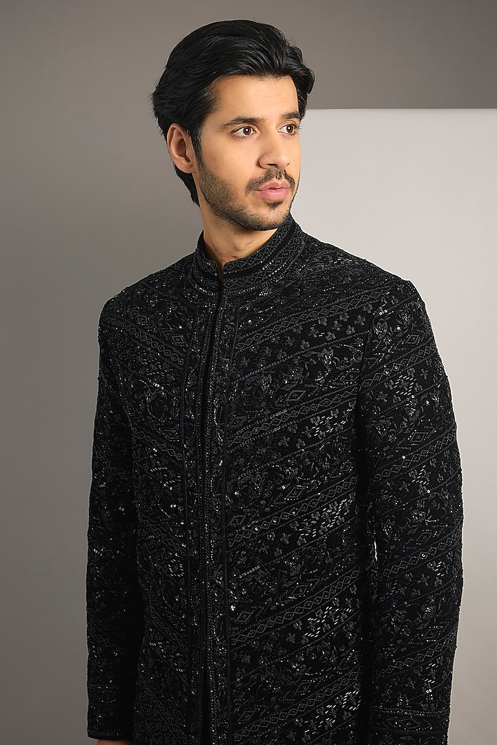 Black Sandwash Cutdana Work Indowestern Set by Sarab Khanijou at Pernia's Pop Up Shop