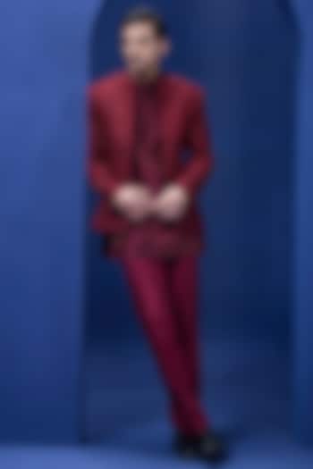 Wine Organza Threadwork Open Groom Bandhgala Set by Sarab Khanijou at Pernia's Pop Up Shop