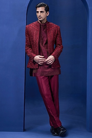 Wine Organza Threadwork Open Bandhgala Set by Sarab Khanijou