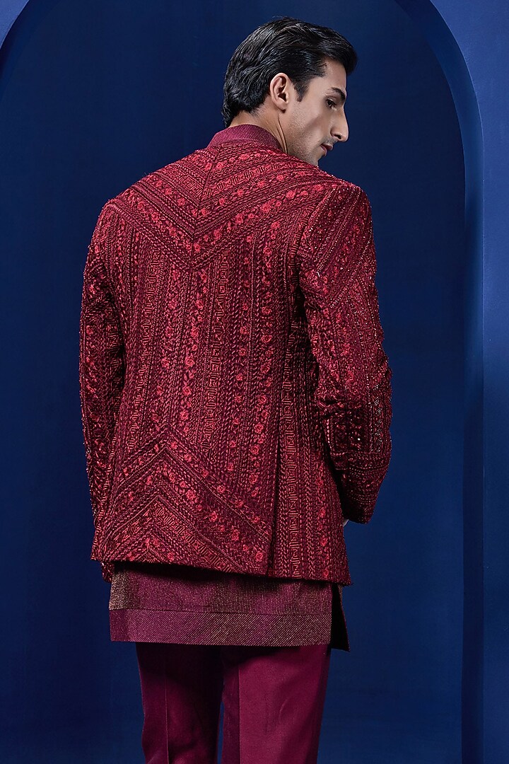 Wine Organza Threadwork Open Groom Bandhgala Set by Sarab Khanijou at Pernia's Pop Up Shop