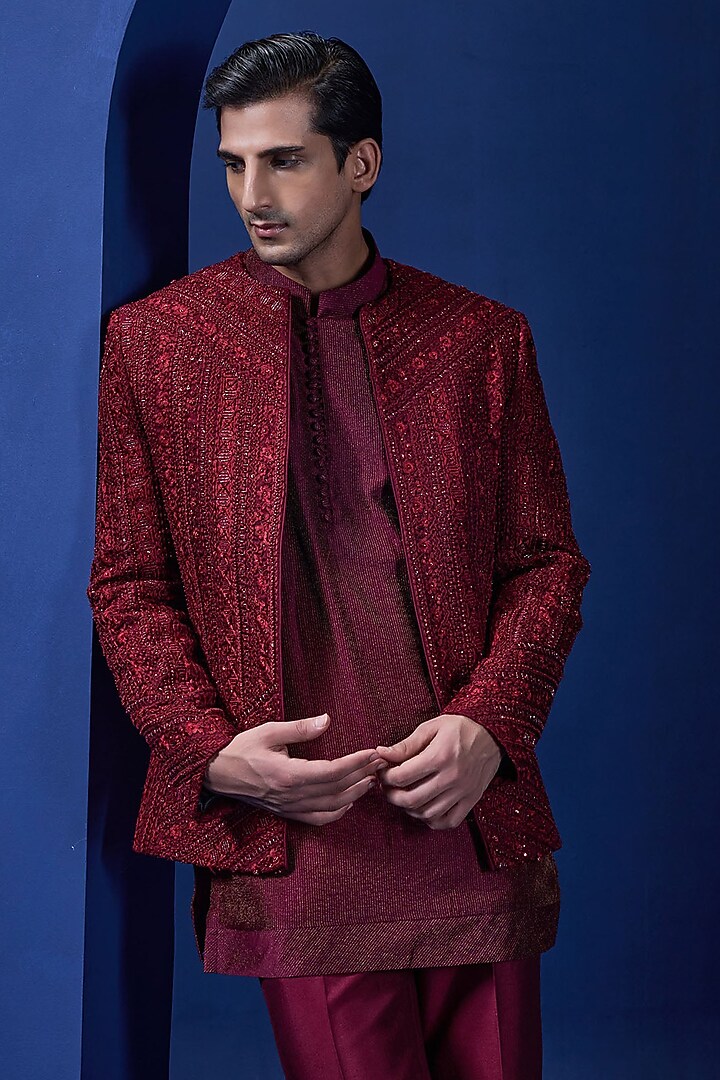 Wine Organza Threadwork Open Groom Bandhgala Set by Sarab Khanijou at Pernia's Pop Up Shop