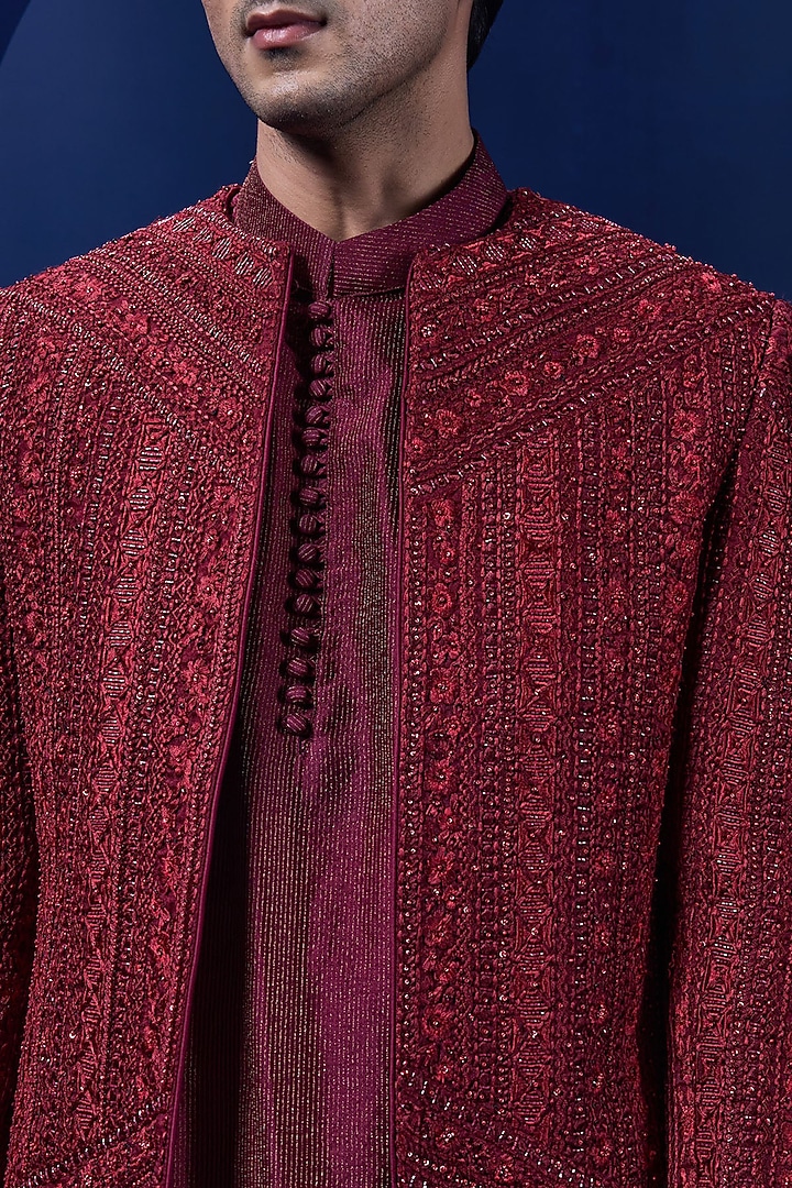 Wine Organza Threadwork Open Groom Bandhgala Set by Sarab Khanijou at Pernia's Pop Up Shop