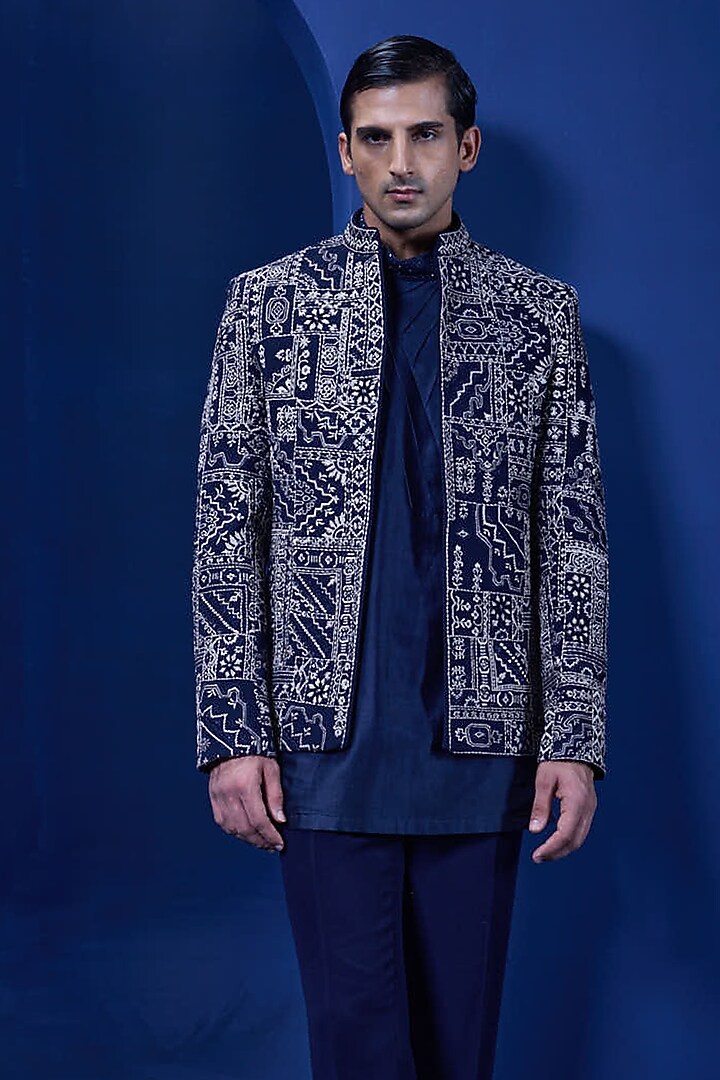 Navy Blue Sandwash Fabric Threadwork Open Groom Bandhgala Set by Sarab Khanijou at Pernia's Pop Up Shop