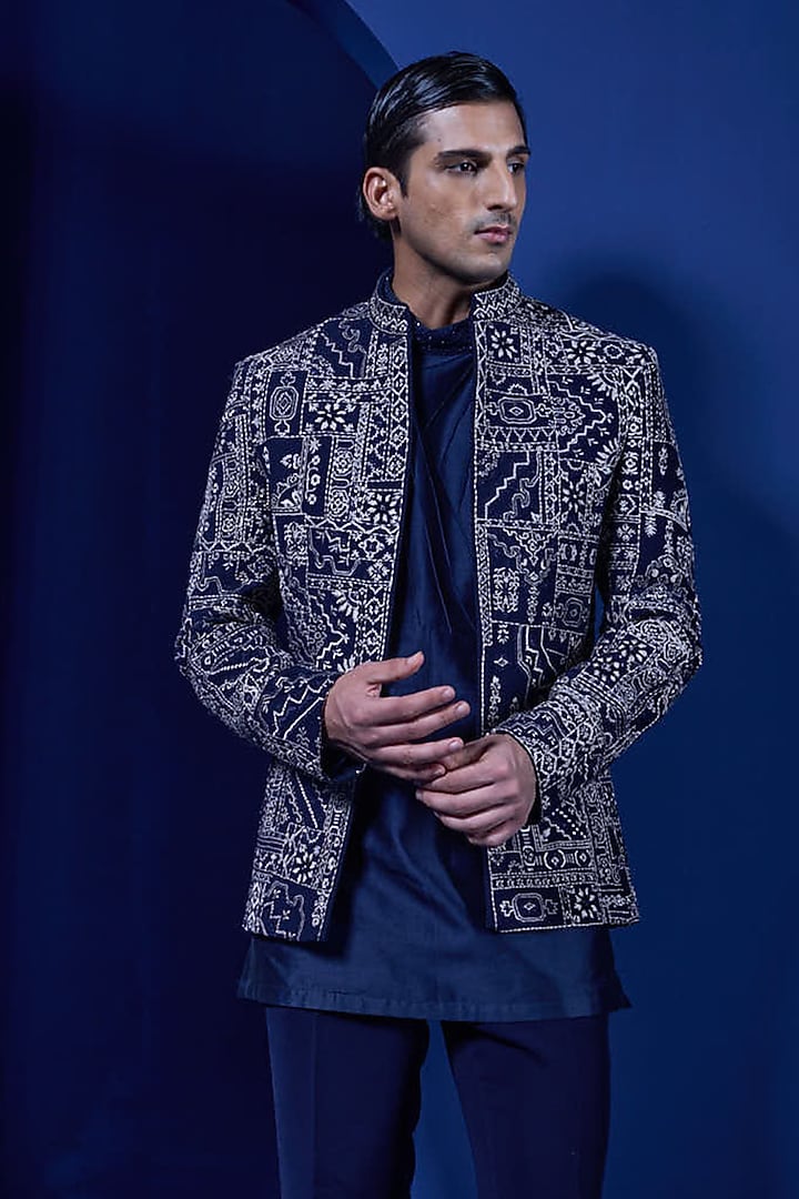 Navy Blue Sandwash Fabric Threadwork Open Groom Bandhgala Set by Sarab Khanijou at Pernia's Pop Up Shop