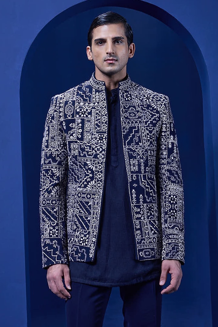 Navy Blue Sandwash Fabric Threadwork Open Groom Bandhgala Set by Sarab Khanijou at Pernia's Pop Up Shop