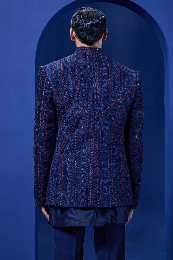 Navy Blue Organza Threadwork Open Groom Bandhgala Set by Sarab Khanijou at Pernia's Pop Up Shop