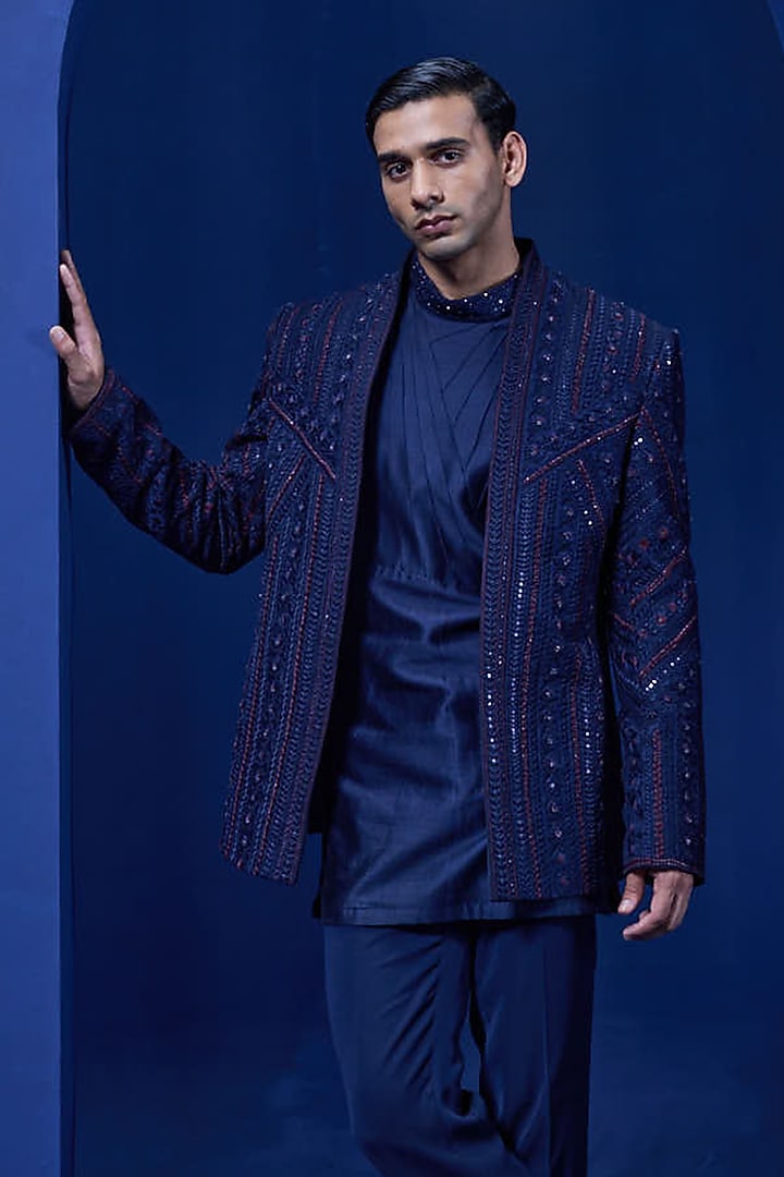 Navy Blue Organza Threadwork Open Groom Bandhgala Set by Sarab Khanijou at Pernia's Pop Up Shop