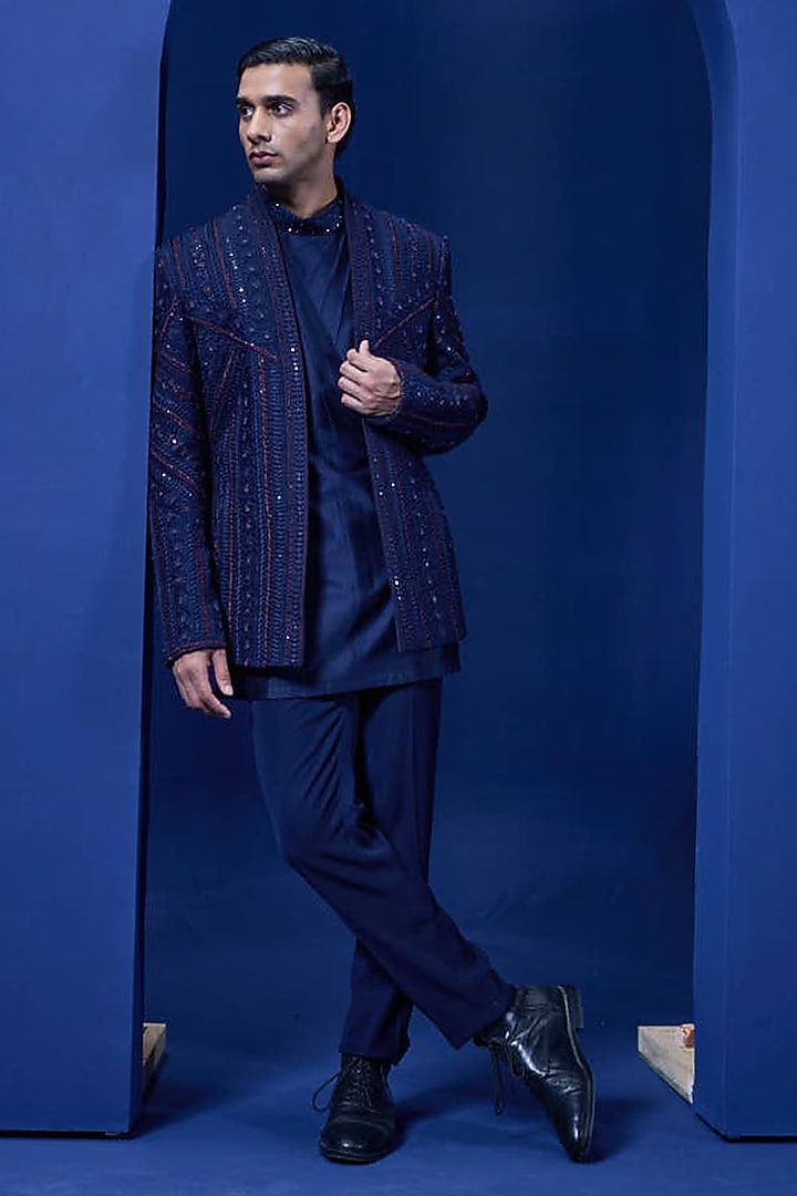 Navy Blue Organza Threadwork Open Groom Bandhgala Set by Sarab Khanijou at Pernia's Pop Up Shop